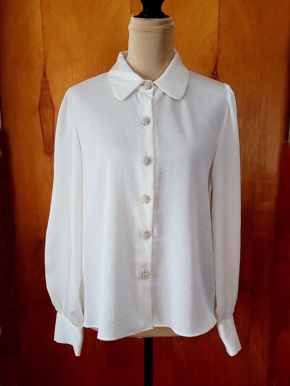 ZARA Cream Ivory Pearl Beaded Button Long Sleeve Blouse - Size L